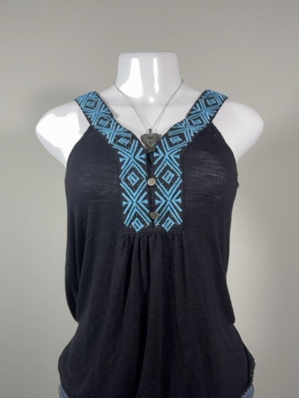 Other tank top black embroidered bohemian babydoll button front small